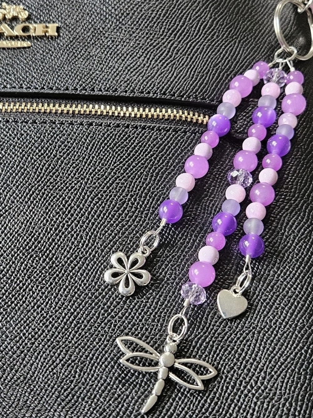 Purple Beaded Dragonfly Purse Charm Keychain